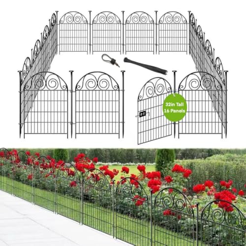 Getlay Tall Garden Fence Animal Barrier with Gate, 32 in(H) 16 Panels Garden Fences and Borders for Dogs, Dog Fence Outdoor for Yard, Total Length 35 Ft Metal Temporary Fencing│Patented - size: 32''(H)-16panels-35ft(L)