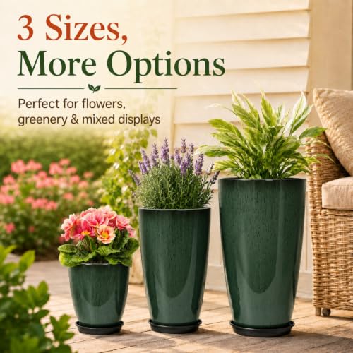 Neoaider Set of 3 Tall Planter, 24/21/12in Large Plastic Planter, DarkGreen - color: Dark Green