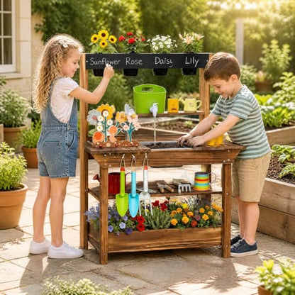 GLACER Mud Kitchen for Kids Outdoor, Fir Wood Potting Bench