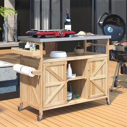 Outdoor Deck Box and Grill Prep Station with 201 Stainless Steel Top, Solid Fir Wood Patio Storage Cabinet for BBQ Tools and Cushions, Rolling Kitchen Island with Spice Rack, 50-Inch, Natural - color: Natural - 50.25 X 18.50 X 36.25 Inch