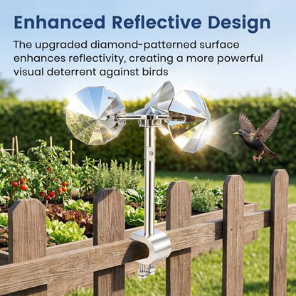 2 Pack Reflective Spinning Bird Deterrents with Adjustable Clamp-On Bases