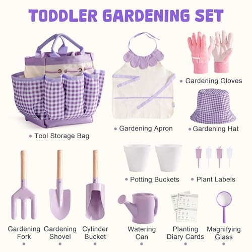ROBOTIME Kids Gardening Set, 17PCS Toddler Gardening Tools, Toddler Gardening Set with Apron, Hat, Gloves, Watering Can & Tool Bag – Outdoor Play Garden Kit for Kids for Hands-On Learning (Purple ) - color: Purple