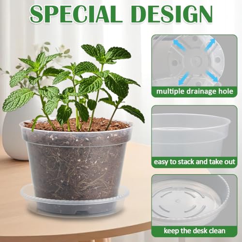 7 Pack 8 Inch Clear Nursery Pots with Saucer, Transparent Plastic Plant Pot with Drainage Holes, Sturdy Plant Starter Pots, Planter Pot for Planting Succulent Flower Herb Vegetable, Gardening Gifts - size: 8 Inch-7P