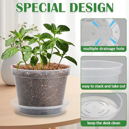 7 Pack 8 Inch Clear Nursery Pots with Saucer, Transparent Plastic Plant Pot with Drainage Holes, Sturdy Plant Starter Pots, Planter Pot for Planting Succulent Flower Herb Vegetable, Gardening Gifts - size: 8 Inch-7P