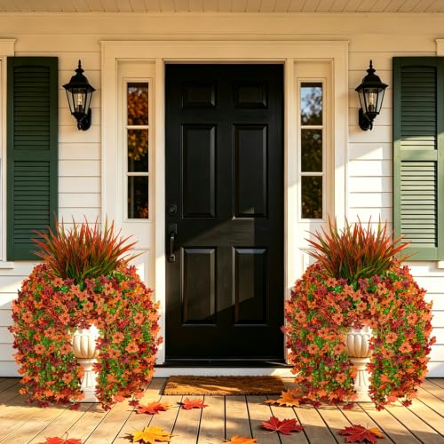 7PCS Artificial Fall Hanging Flowers for Outdoor, Six-Petaled Faux Mums - color: Brown Red