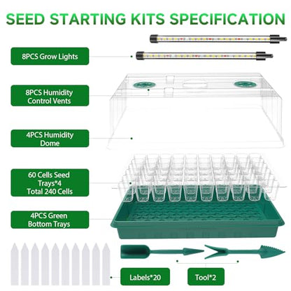 Seed Starter Trays with Grow Lights, Grow Lights for Seed Starting Kit, Timming Set, Indoor Plant Growing Kit for Gardeners, Germination Trays Kits, Gardening Gifts for Women, Mom Gifts (240 Cells) - size: 240 Cells