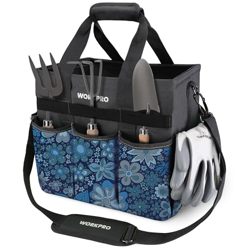 WORKPRO Garden Tool Bag, 10 Pockets and Shoulder Strap, Floral Blue - color: Floral Blue
