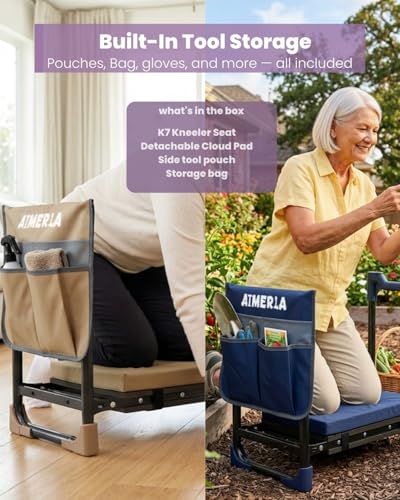 Aimerla K7 Foldable Garden Kneeler Seat, Upgraded Anti-Slip Base, 350LBS Capacity, 10.2" Wide EVA Pad & Detachable Cloud Cushion, 2-in-1 Kneeler Bench for Seniors, Gardening Gifts for Parents - color: Lavender