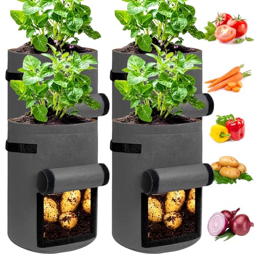 JJGoo 4 Pack Potato Grow Bags 10 Gallon with Flap, Heavy Duty Fabric with Handle and Harvest Window, Non-Woven Planter Pot Plant Garden Bags to Grow Vegetables Tomato, Dark Grey - color: Dark Grey 10 Gallon, size: 4 Pack with Window