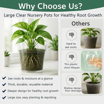 8/10 Inch Large Clear Nursery Pots with Drainage, 6 Pack - size: 10/8inch