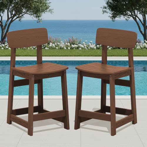 SERWALL Outdoor HDPE Counter-Height Bar Stools Set of 2, Brown - color: Brown, size: 2 Bar Stools