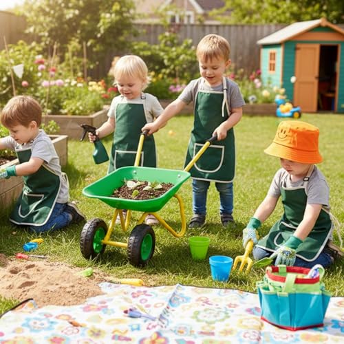 Toddler Metal Wheelbarrow Set for Kid with 12 PCS Gardening Tool(Green Set) - color: Green Set