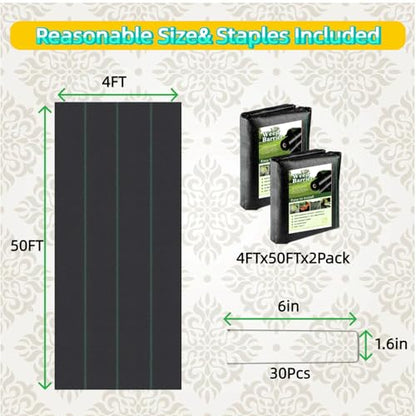 4FT x 100FT Weed Barrier Landscape Fabric (2 Pack 4x50FT) - Premium Heavy-Duty 3.2oz Gardening Weed Control Mat with 30 U-Shaped Securing Pegs - Ground Cover for Garden, Flower Bed, Yard - size: 3.2oz-2pack 4FT x 50FT