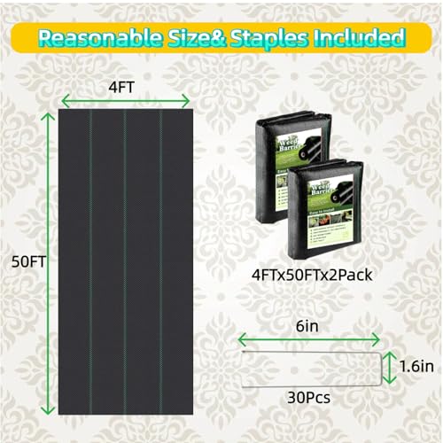 4FT x 100FT Weed Barrier Landscape Fabric (2 Pack 4x50FT) - Premium Heavy-Duty 3.2oz Gardening Weed Control Mat with 30 U-Shaped Securing Pegs - Ground Cover for Garden, Flower Bed, Yard - size: 3.2oz-2pack 4FT x 50FT