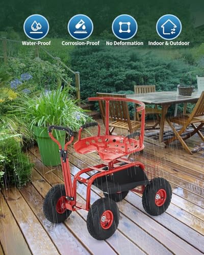 Garvee Heavy Duty Garden Cart, Garden Scooter Rolling Work Seat - color: Red With Back