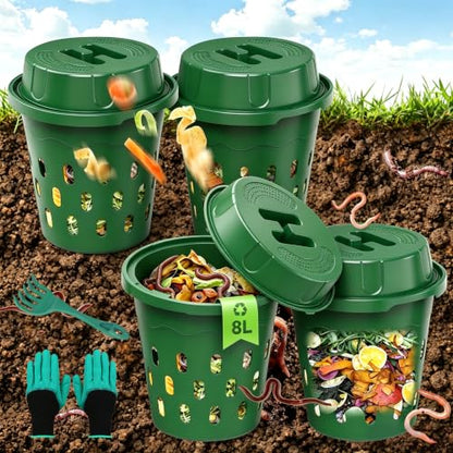 4-Pack Inground Worm Composter, 8L Underground Worm Farm with Aeration & Animal-Proof Lid, Food Waste Recycler for Garden Beds, Easy for Beginners, Green