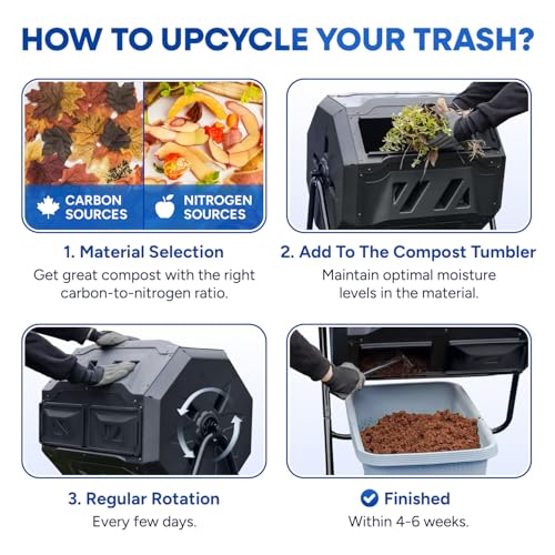 PLASTIC PRINCE Compost Tumbler Rotating Garden Compost Bin Outdoor Dual Chamber 43 Gallon Backyard Composter Tumbling Barrel Mixer Outside, Large, Black - color: Black