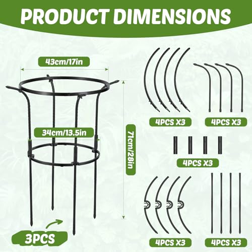 VICAMB 3 Pack Large Peony Cages and Supports,28" H x 17" D Grow Through Plant Support Rings,Plastic Rings with Stainless Steel Core Stakes for Peonies,Roses and Top-Heavy Blooms