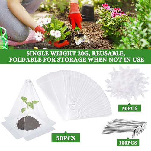 Reusable Plastic Garden Cloches, 7.8" x 11" Mini Greenhouse, 1.2mm Thick Clear Bell Covers with Metal Stakes Against Sun, Frost, Snails, Plant Protector (50pcs-Clear) - size: 50pcs-clear