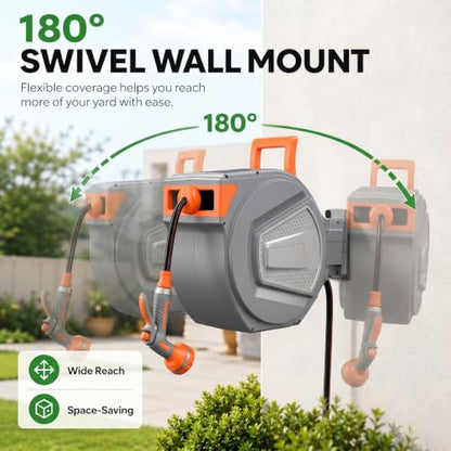 Retractable Garden Hose Reel, 150FT Wall Mounted Auto Rewind Water Hose Reel with 180° Swivel Bracket, Any Length Lock, Kink-Free Hose Guide, Multi-Pattern Spray Nozzle for Yard, Lawn & Outdoor - size: 150 FT