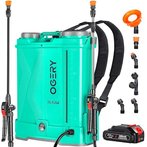 OGERY Battery Powered Backpack Sprayer 4 Gallon, 2.6Ah 21V Battery with 6 Nozzles, Telescopic Stainless Steel + Plastic Wand for Lawn Garden Weed Yard Cleaning (Charger Included)