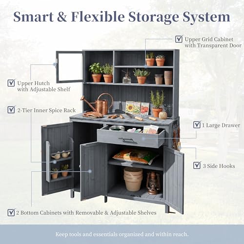 Merax Outdoor Garden Potting Bench with Hutch, 65" H Solid Fir Wood Patio Garden Workstation Tabl with Large Countertop, Adjustable Shelves, Door Rack, Side Hook and Drawer, Gray - color: Gray