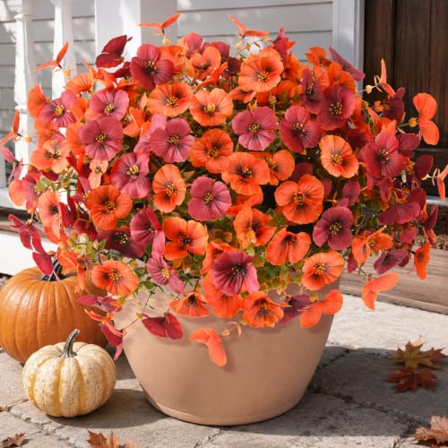 INQCMY Artificial Pansy Fall Flowers for Outdoor Porch Decoration Faux Mums - color: Orange Brown