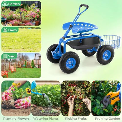 Garden Seat with Wheels, Rolling Stool with Extendable Handle, Storage Basket & Tool Tray, Garden Scooter with 360 Degree Swivel Seat for Outdoor & Yard (Blue) - color: Blue