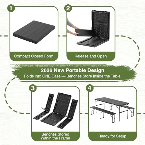 Picnic Table Set with 2 Benches,6 Feet Folding Camping Table Chair Set with Wood Grain Tabletop,3-Piece Outdoor Indoor Portable Folding Furniture for Party, Camping, Picnic, Weddings (Black) - color: Black
