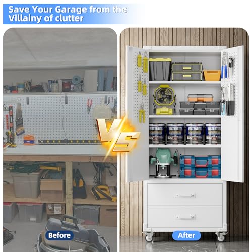 Aobabo Upgraded Metal Garage Storage Cabinet with Wheels and 2 Drawers, Lockable Rolling Tools Cabinet with Pegboards and Hooks,Assembly Required,White - color: White, size: 15"D x 30"W x 71"H-2 Drawers