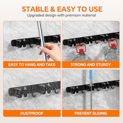 5 Grippers Broom Holder Wall Mount with 4 Hooks Stainless Steel, Black - color: C-Black, size: 5PCS Gripper