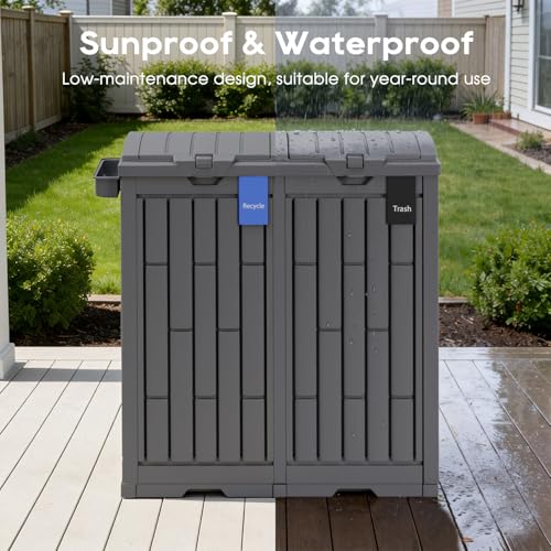 FDW 60 Gallon Dual Outdoor Trash Can with Lid, Double Bin Garbage Can with Safe Ashtray for Waste Sorting, Patio & Garden - size: 60G