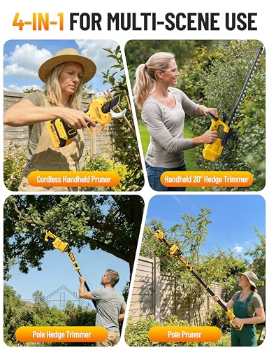 4-IN-1 Electric Pruning Shears+Pole Hedge Trimmer Combo, Hedge and Grass Trimmer Cordless & Tree Pruner with Extension Pole for Shrubs, Bushes, Max 15Ft Reach, Compatible with Dewalt Battery - color: Bright Yellow