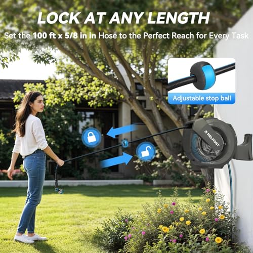 Retractable Garden Hose Reel, 5/8 in x 100 ft Wall Mount Heavy Duty Hose Reel with Any-Length Lock, Auto Rewind System, 180° Swivel Bracket, and 10-Pattern Nozzle for Garden, Dark Grey - color: Dark Grey, size: 100FT
