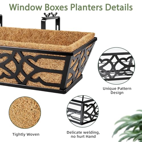 4 Pack 30 Inch Window Boxes Planters with Coco Liner, Large Metal Railing Planter Boxes for Deck, Heavy Duty Hanging Trough for Fence and Front Porch Garden Flower Display - size: 30 Inch