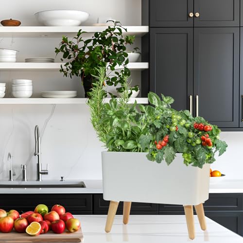 13.5 Inch Indoor Decorative Planter Pot with Solid Wood Legs, Self Watering Pots with Water Shortage Alarm Plant Pot for Modern Flower Planter for Home & Garden(White) - color: B-white
