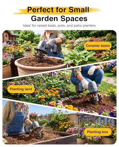 Mini Cordless Tiller Cultivator, 20V Electric Rototiller for Gardening, Lightweight 2.6 lbs Handheld Garden Tiller with 2×2.0Ah Battery, 4" Width×4" Depth, for Raised Beds, Lawn, Flower Beds & Weeding - size: 4inch x 4inch