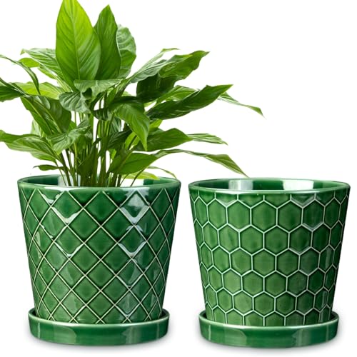EFISPSS 6 Inch Plant Pot,Ceramic Pots for Plants with Drainage,Flower Pots Indoor Pots for Plants, Modern Flower Pots for Home and Office,Set of 2 - Patina - color: Green, size: 6+6 Inch