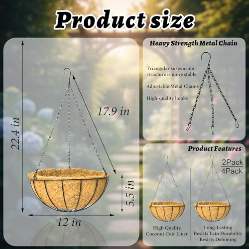 4 Pack 12 Inch Brown Outdoor Metal Hanging Planter Basket Hanging Planters Flower Pot Round Modern Flower Holder Pot Garden Accessory（Watermelon Style） - color: Watermelon