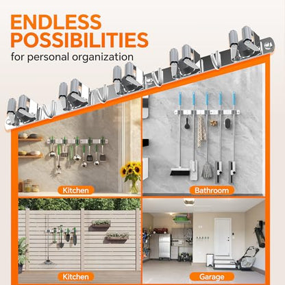 5 Grippers Broom Holder Wall Mount with 4 Hooks Stainless Steel, Silver - color: A-Silver, size: 5PCS Gripper