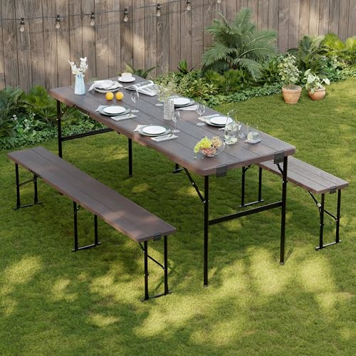 Picnic Table Set with 2 Benches,6 Feet Folding Camping Table Chair Set with Wood Grain Tabletop,3-Piece Outdoor Indoor Portable Folding Furniture for Party, Camping, Picnic, Weddings (Brown) - color: Brown
