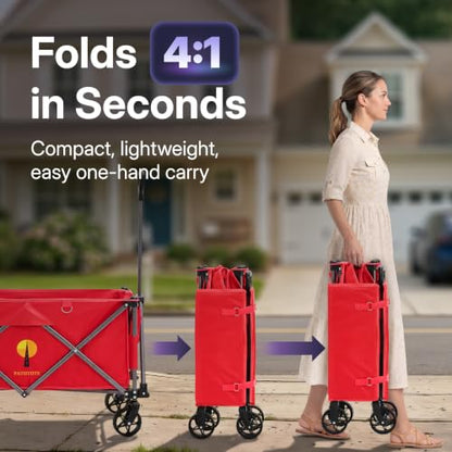 39" L Collapsible Wagon with All-Terrain Wheels, 460 lbs Foldable Cart with Detachable Flashlight, Pockets & Flexible Steering Handle, Red Utility Heavy Duty Folding Beach Wagons Carts - color: Red