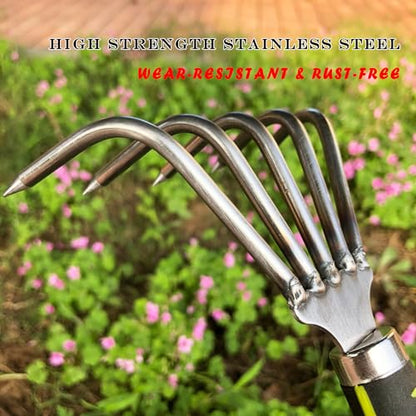 Garden Rake 5-Claw Landscape Dethatcher Thatching Beach Combing Rake for Digging Clam Shell Defoliation Hoe Garden Tool for Loosen The Soil (Green) - color: Green