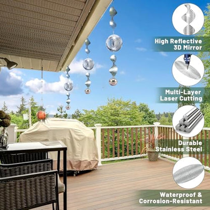 9 PCS Stainless Steel Bird Deterrent – 3D Wind Spinner with Bells, Visual & Sound Bird Scarer, Reflective Wind Chimes to Keep Woodpeckres, Pigeons, Crows Away, Garden Decor for Yard Patio Farm
