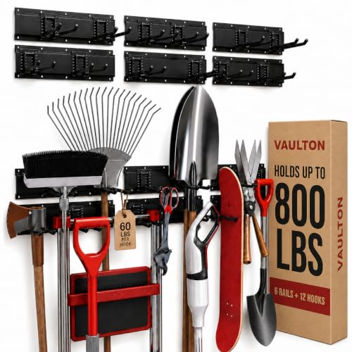 VAULTON 96" Garage Wall Organizer, Steel Tool Rack, 6 Rails 12 Double Hooks - size: 18-Piece Set (6 Rails, 12 Hooks)
