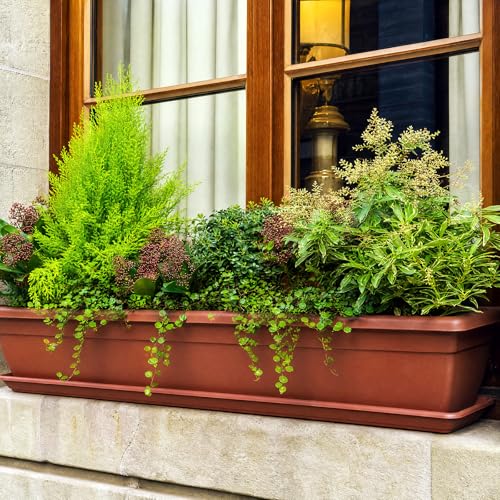 6 Pcs 31 inch Window Box Planter, Large Rectangular Plastic Flower Pot with Tray, Suitable for Indoor & Outdoor Gardens, Balcony and Home Decor (6)