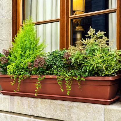 6 Pcs 31 inch Window Box Planter, Large Rectangular Plastic Flower Pot with Tray, Suitable for Indoor & Outdoor Gardens, Balcony and Home Decor (6)