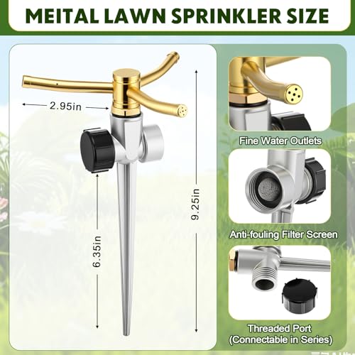 6 Pack Metal Lawn Sprinklers for Yard with Brass Nozzle & Aluminum Alloy Spike Base, Adjustable Automatic Garden Water Sprinkler System with Screen Gasket for Yard Lawn Greenhouse(Silver) - color: Silver