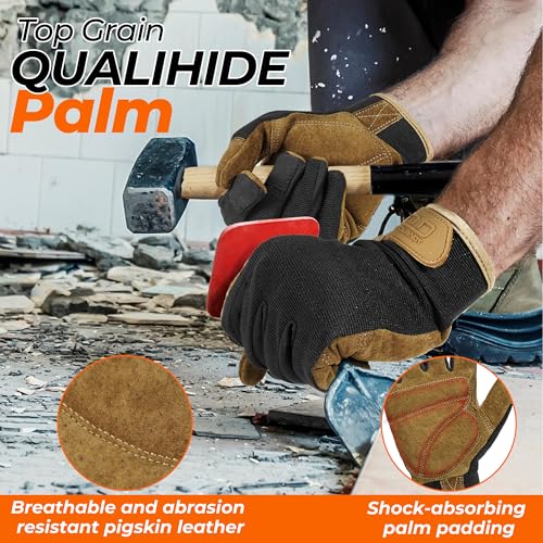 HANDLANDY Work Gloves for Men & Women, Utility Mechanic Working Gloves Touch Screen, Flexible Gardening Gloves for Yard - color: Brown Black (1 Pair), size: Large