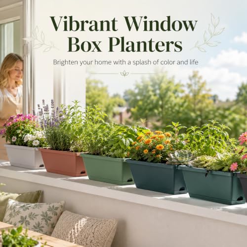 12 Pack Long Flower pots, 16.9 x 7.5 x 5.9 in Rectangular Flower Pots with Saucers and Drainage Holes, 6 Plastic Flower Pots for Vegetables, Flowers, Windowsill, Balcony, Garden